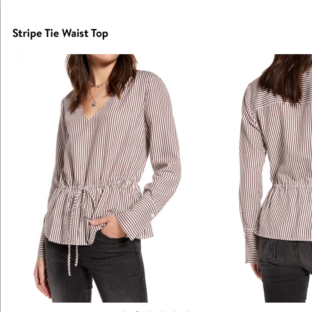 Burgundy and Cream stripe tie waist top